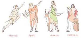 Dionysos, Apollon, Hermès et Artémis