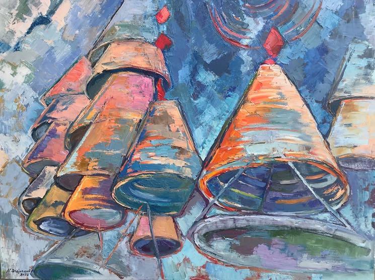 Oil painting by Véronique Desjonqueres. 102x76cm. “Temple incense 3”