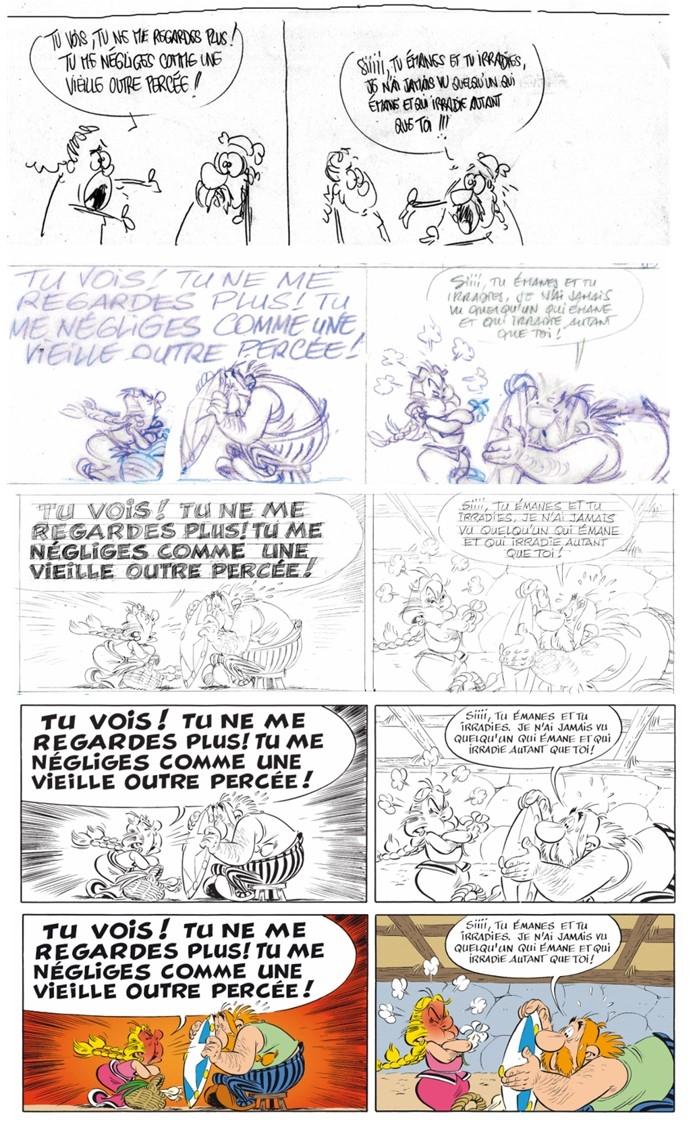 évolution d'une planche de bande dessinée Astérix entre le scénariste et le dessinateur