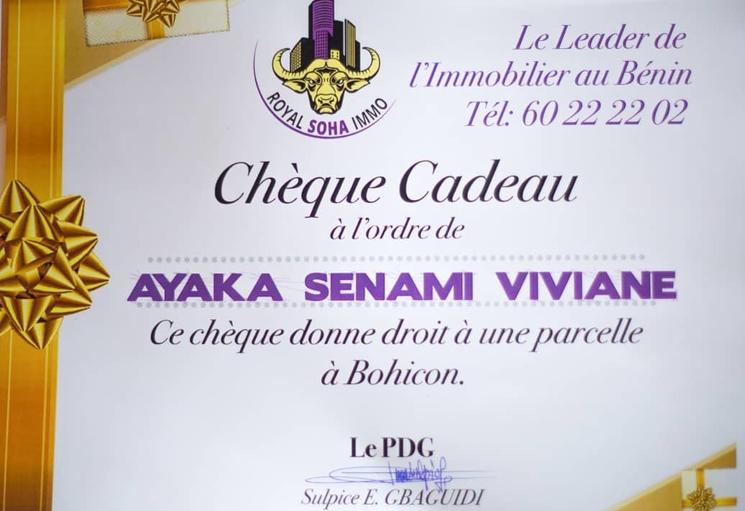 Une parcelle de terrain offerte à Viviane Ayaka Senami