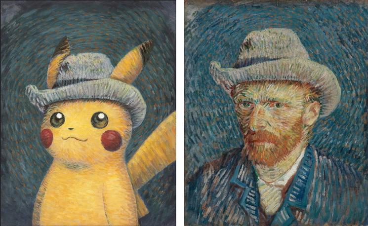 Pikachu inspiré de l'Autoportrait au chapeau de feutre gris, Naoyo Kimura (1960), The Pokémon Company International. A droite : Autoportrait au chapeau de feutre gris, Vincent van Gogh, 1887, Musée Van Gogh, Amsterdam (Fondation Vincent van Gogh).
