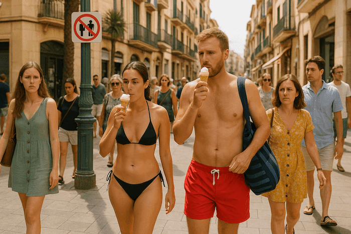 Dans une rue animée d’une ville côtière espagnole, un couple de touristes marche en tenue de plage — lui torse nu en short de bain rouge, elle en bikini noir — en mangeant des glaces, tandis que des passants habillés plus sobrement les regardent avec surprise ou désapprobation. Un panneau visible en arrière-plan interdit de circuler en maillot de bain dans la zone.