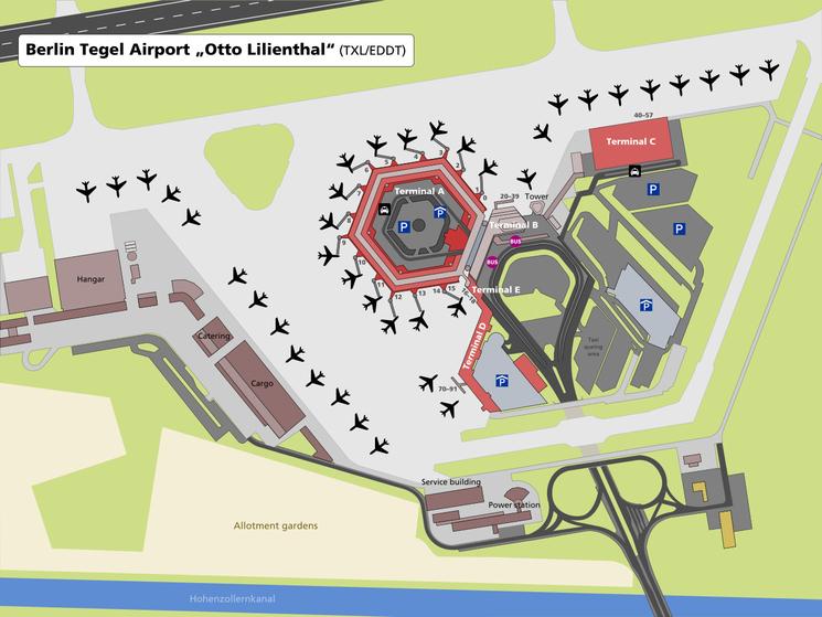Carte de l'aéroport de Berlin-Tegel et de ses bâtiments