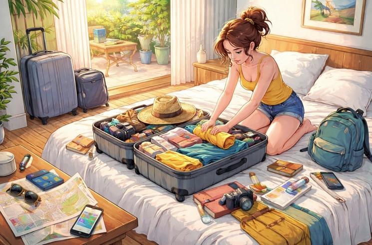 illustration d'une jeune expatriée française faisant ses valises