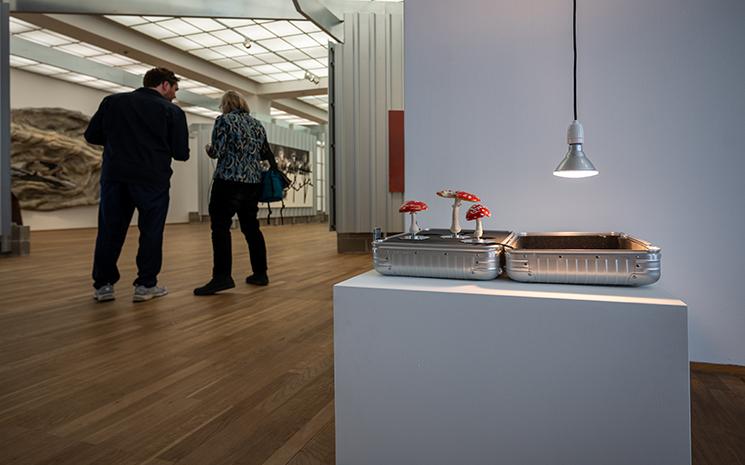 Au premier plan une valise en métal contenant des champignons rouges, au second plan des personnes déambulant dans l'exposition