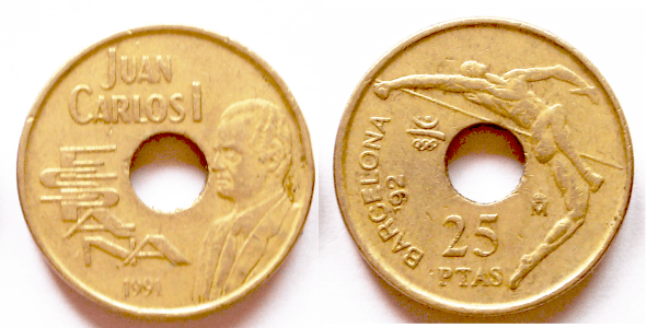 La fameuse pièce trouée de 25 pesetas