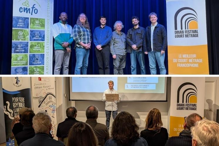 En haut : rencontre à Ottawa avec la Maison de la Francophonie et l’Alliance Française d’Ottawa autour du Dinan Festival du court métrage. En bas : présentation de l’initiative à l’Alliance française de Montréal devant un public de professionnels et de passionnés de cinéma.