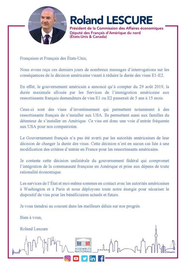 Visa E1 et E2 roland lescure