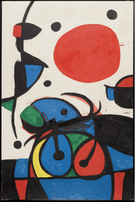 tableau de Joan Miró, 1976. Personnage et oiseaux devant le soleil