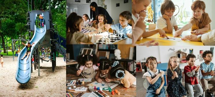 des activités avec des enfants: au parc, au cours de peinture, au cours d'échec,