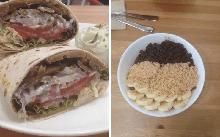 Le burrito, le bol d’açaí à la banane, pépites de chocolat et miettes de gâteaux