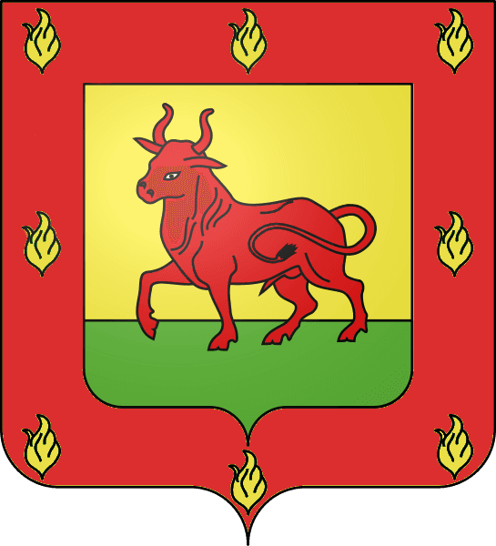 Un taureau rouge entouré de huit flammes jaunes