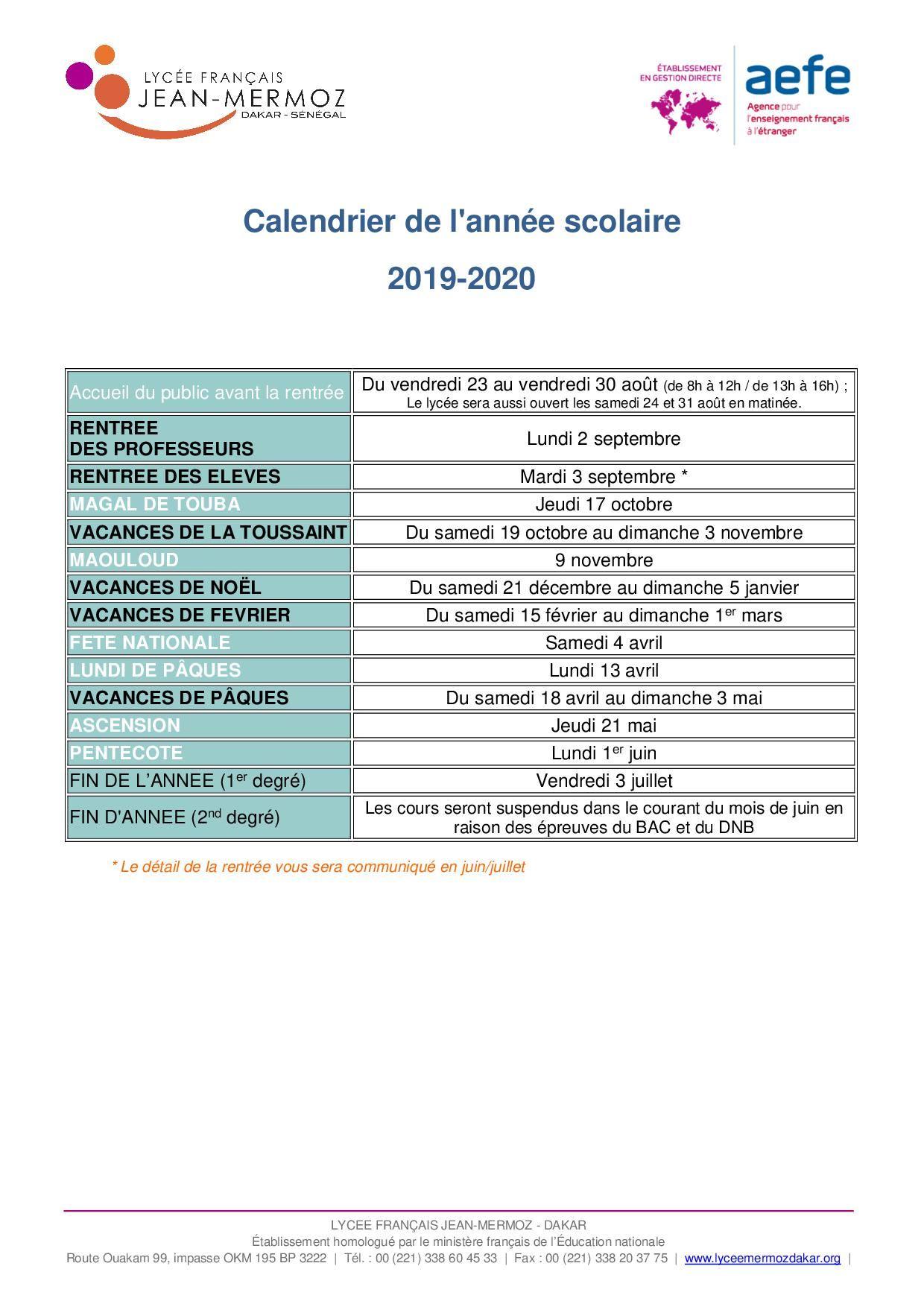 calendrier scolaire dakar 2019 2020