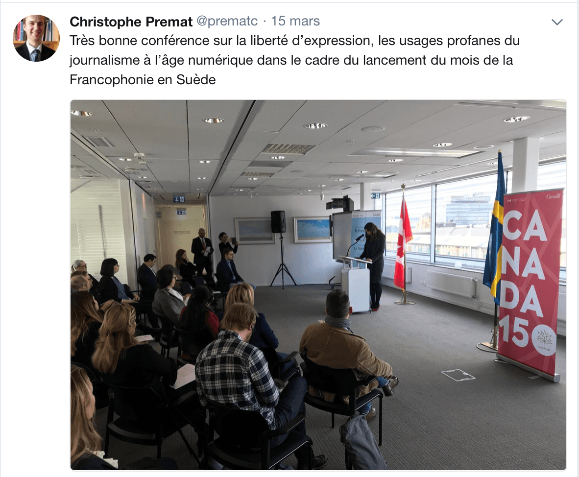 Tweet Christophe Prémat Mois de la Francophonie Suède 2018