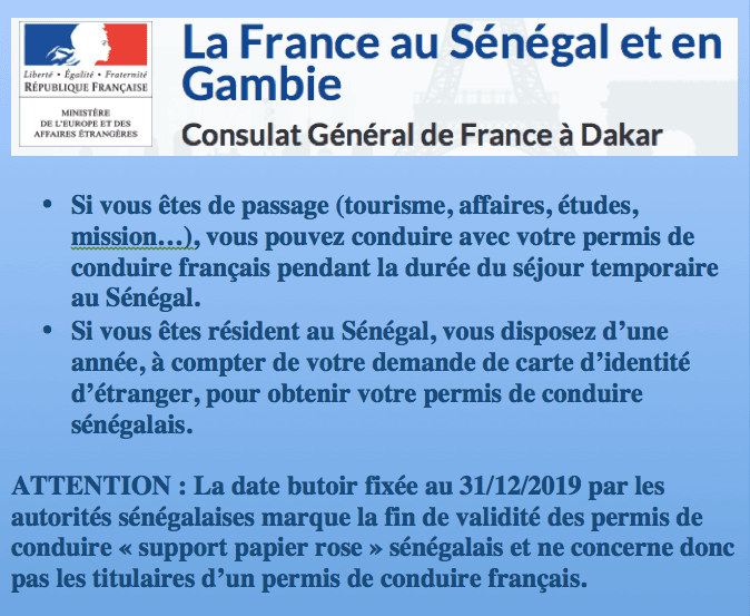 texte ambassade France permis de conduire Sénégal