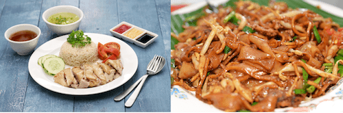 Le poulet au riz (à gauche) et le char kway teow (à droite)