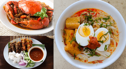 Le chili crab (en haut à gauche), le satay (en bas à gauche), et le laksa (à droite)