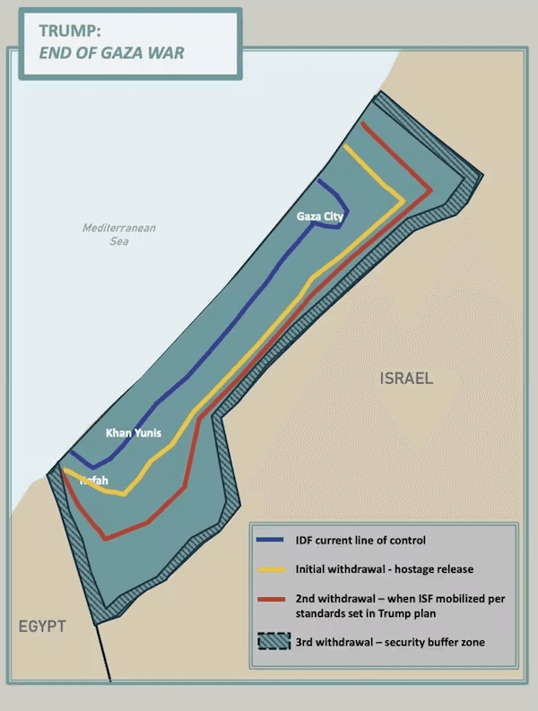 carte, présentée par la Maison Blanche le 29 septembre 2025, montre le retrait progressif de l'armée israélienne