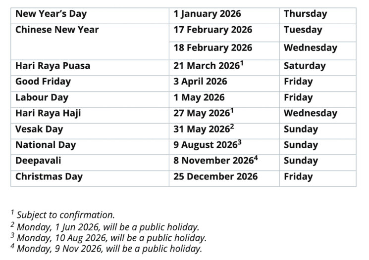 Les jours fériés en 2026 à Singapour