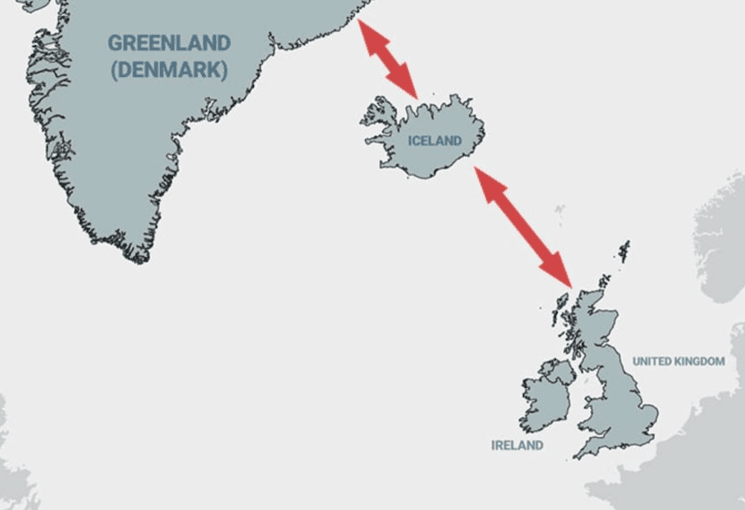 GIUK gap entre le Groenland, l'Islande et le Royaume Uni - source https://www.geopoliticalmonitor.com/geopolitics-of-the-giuk-gap-past-present-and-future/