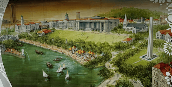 Vue d’artiste du quartier de Padang dans les années 1970, avec le Merlion à l’embouchure de la rivière.