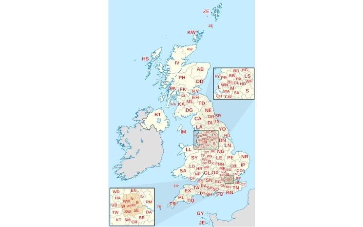 Carte des zones postales au Royaume-Uni