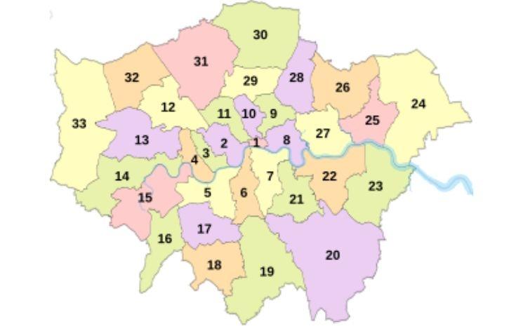 Carte des districts (boroughs) londoniens