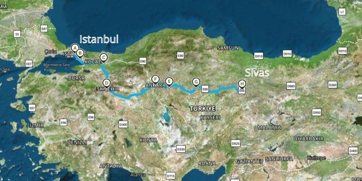 Carte train Sivas-Istanbul