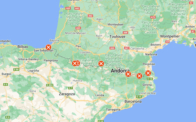 carte des 7 points de passage de la frontière entre l'Espagne et la France