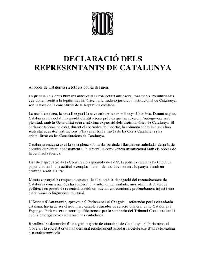 texte de la déclaration d'indépendance de la catalogne