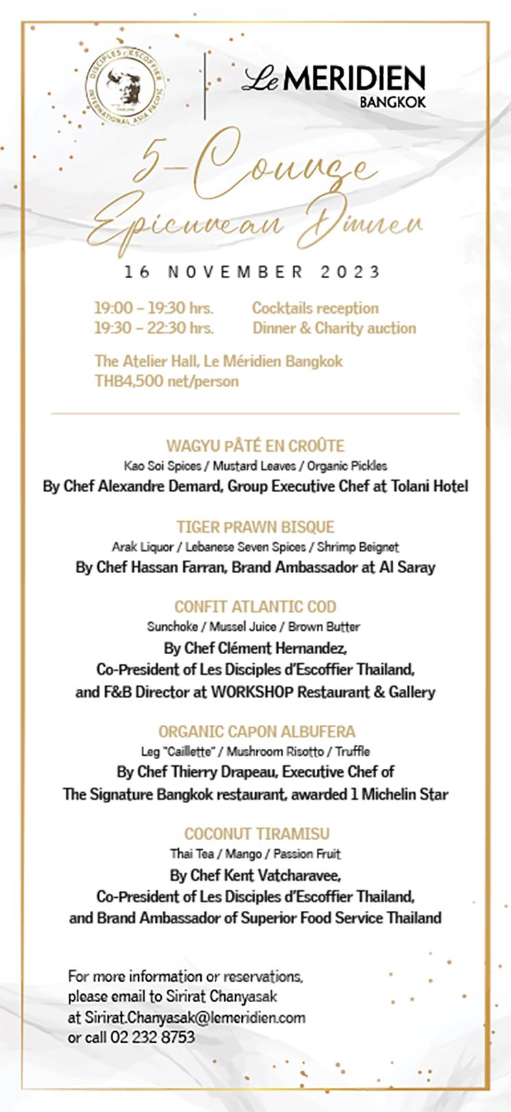 Menu diner des disciples d'Escoffier Thailande