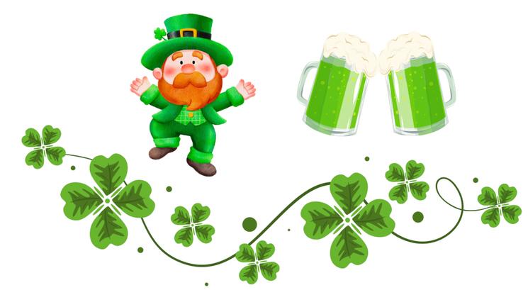 Des trèfels à 4 feuiiles, un leprechaun, et des verres de biere verte