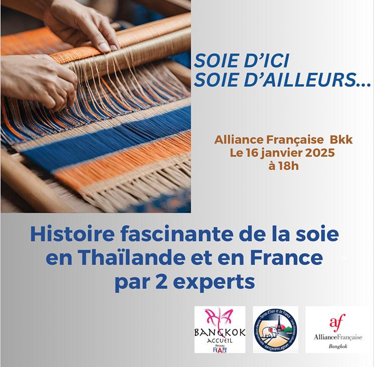 Affiche conference a Bangkok sur la soie en Thailande et en France