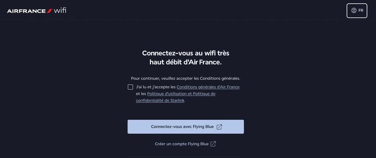 Capture d'écran de la fenêtre de connexion Wifi a bord d'Air France