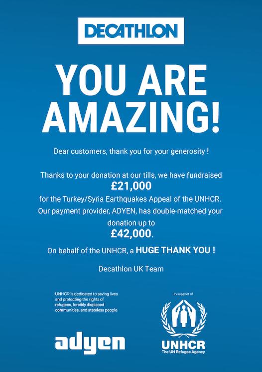 es dons des clients des magasins Decathlon UK après le tremblement de terre en Turquie et Syrie (Crédit : Decathlon UK)