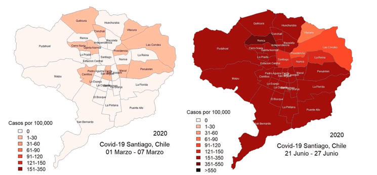 Deux cartes du nombre de personnes atteinte du Covid-19 à Santiago selon leur commune