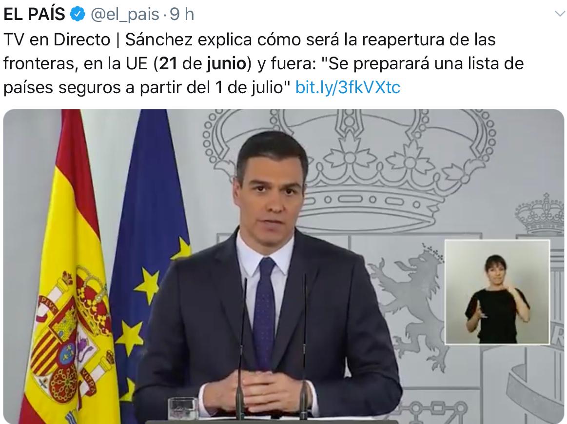 Sanchez Espagne Tourisme ouverture frontières 21 Juin