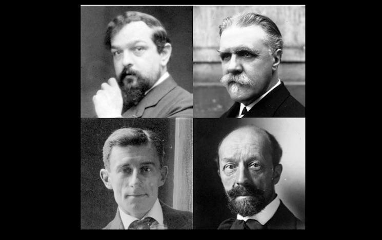 Amis et professeurs de musique : en partant du haut à gauche et dans le sens des aiguilles d'une montre – Claude Debussy, Vincent d'Indy, Albert Roussel, Maurice Ravel