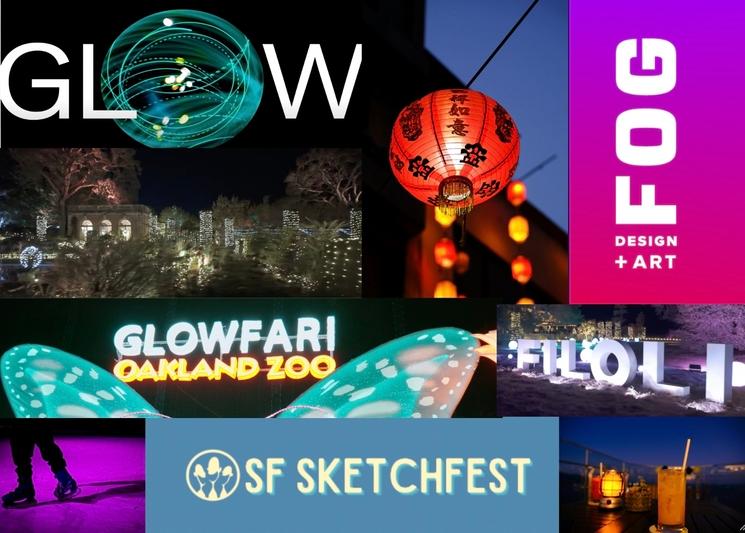 Affiche avec les évènements de Janvier à San Francisco : SF Sketchfest, Glow, Glowfari, Fog Design+Art Fair, Lunar Parade, Filoli, Ice rink, rooftop