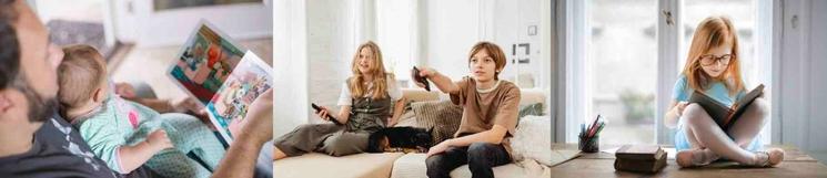 un papa lit un livre a son enfant, des jeunes regardent la télévision et une petite fille lit son livre.