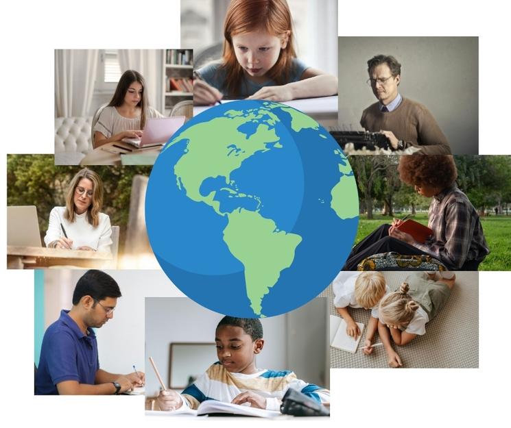 Un globe avec des personnes qui écrivent tout autour
