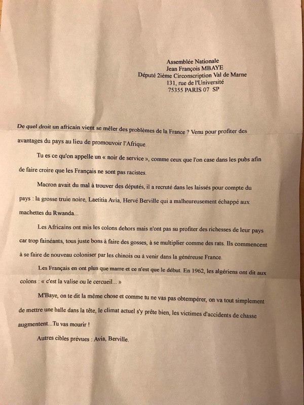 lettre raciste députés