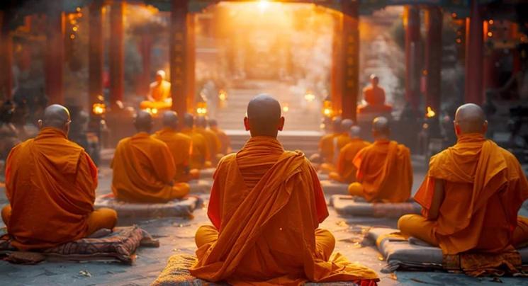 Moines bouddhistes de dos
