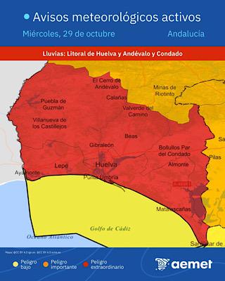 ALERTE ROUGE | Pluies torrentielles sur le littoral de Huelva et dans la région d'Andévalo et Condado.