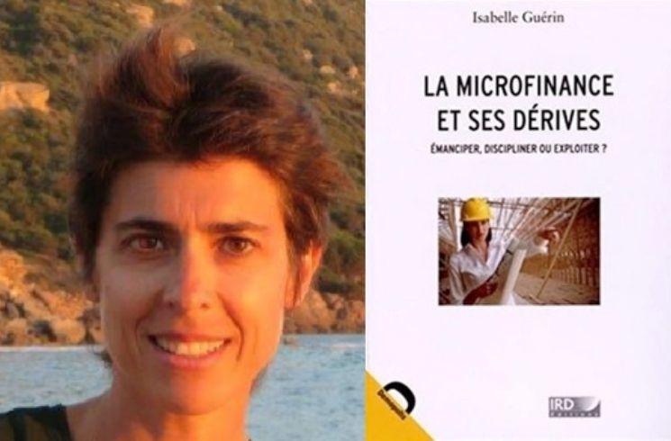 Isabelle Guérin et la couverture de son livre "La microfinance et ses dérives"