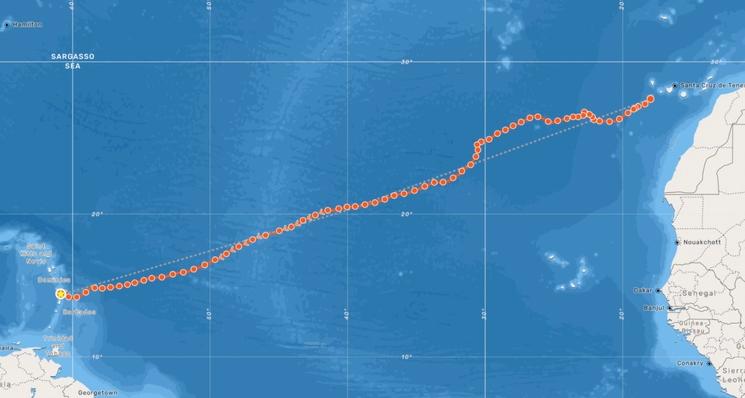 Itinéraire de la traversée de l'Atlantique en kayak de Cyril Derreumaux