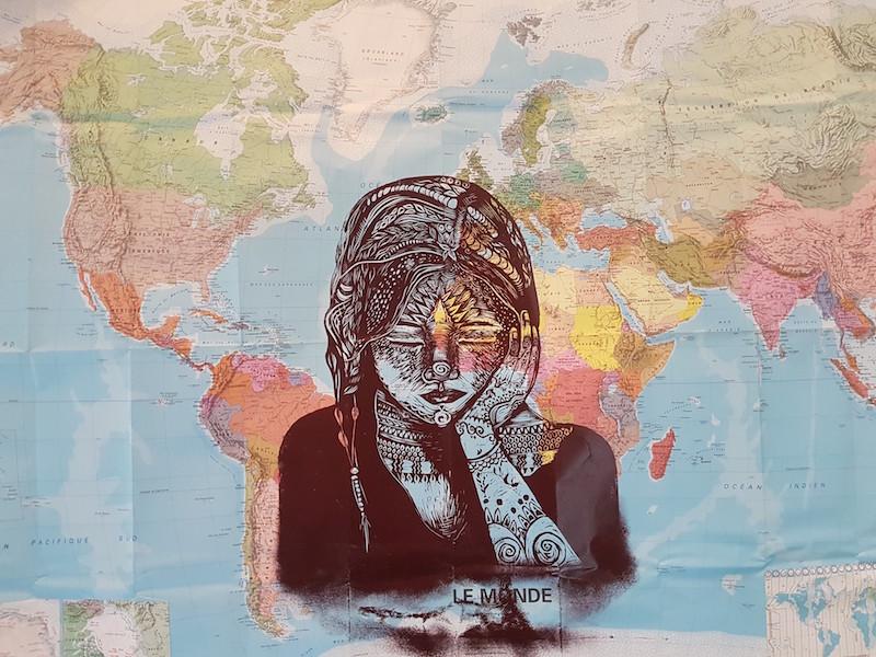 Maman du Monde, Rubber cut relief oil on map, (150cmW x 90cmH)