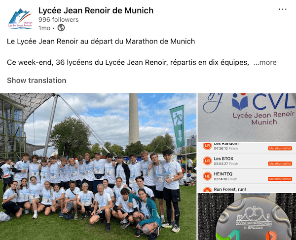 Post linkedin du lycée jean renoir a l'occasin du Marathon de Munich