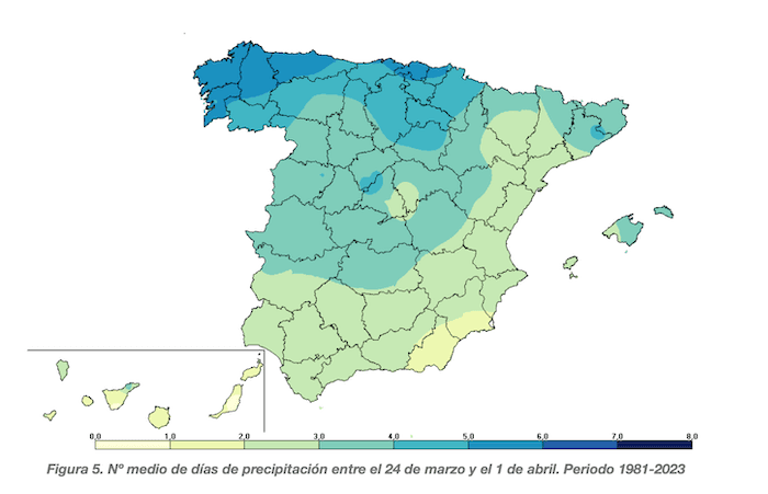 Carte de l'Espagne avec nombre de jours de pluie entre le 24 de mars y le 1 avril - Periode 1981-2023