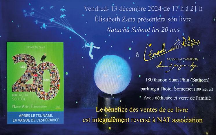 Affiche de l'evenement de lancement du livre d'Elisabeth Zana "Natacha School, les 20 ans: Naitre, Aider, Transmettre"